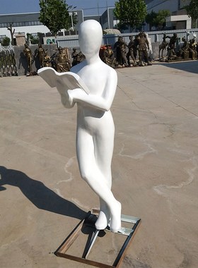 定制儿童读书雕塑抽象白色玻璃钢定做校园小孩看书雕像订人物摆件