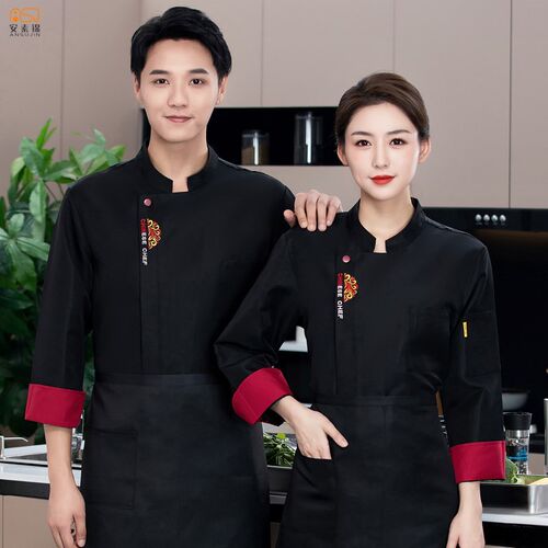 中国风长袖厨师服男女秋冬酒店饭店防水工作服烧烤餐厅后厨房工衣 - 图0