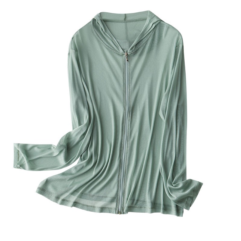 真丝网眼帽子衫防晒衣女空调衫外搭开衫披肩外套大码白色长袖上衣 - 图3