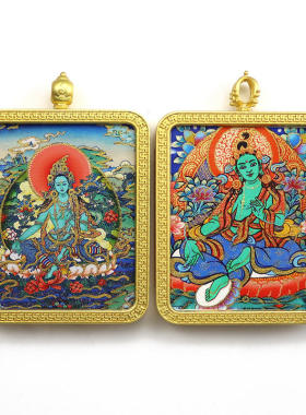 藏式手绘描金唐卡白度母本命佛绿度母随身唐卡吊坠男女挂件