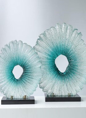 现代简约透明艺术雕塑蓝色浪花太湖石摆件酒店大堂玄关招财装饰品