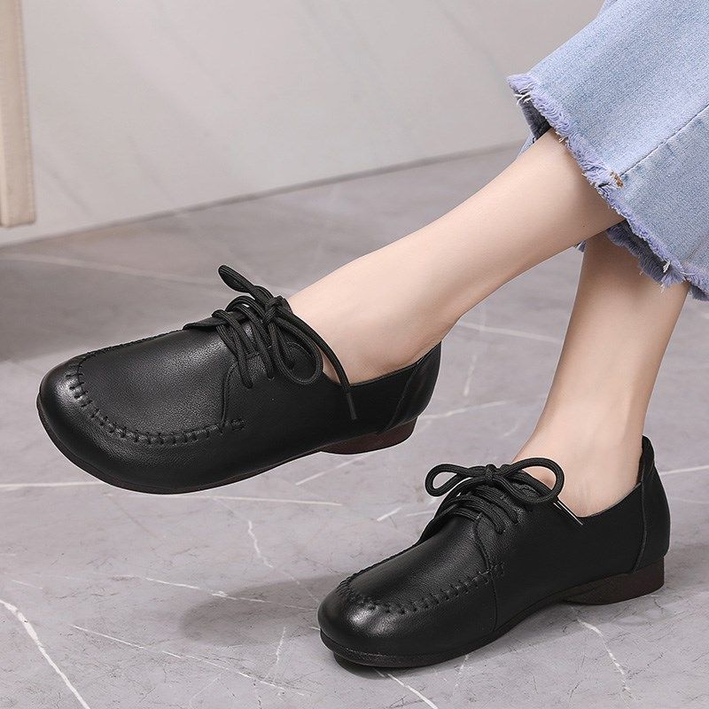 2024春夏新款真皮大码女鞋42平底黑色皮鞋女系鞋带软皮舒适单鞋女,淘宝优惠券,粉丝福利购,淘宝优惠卷