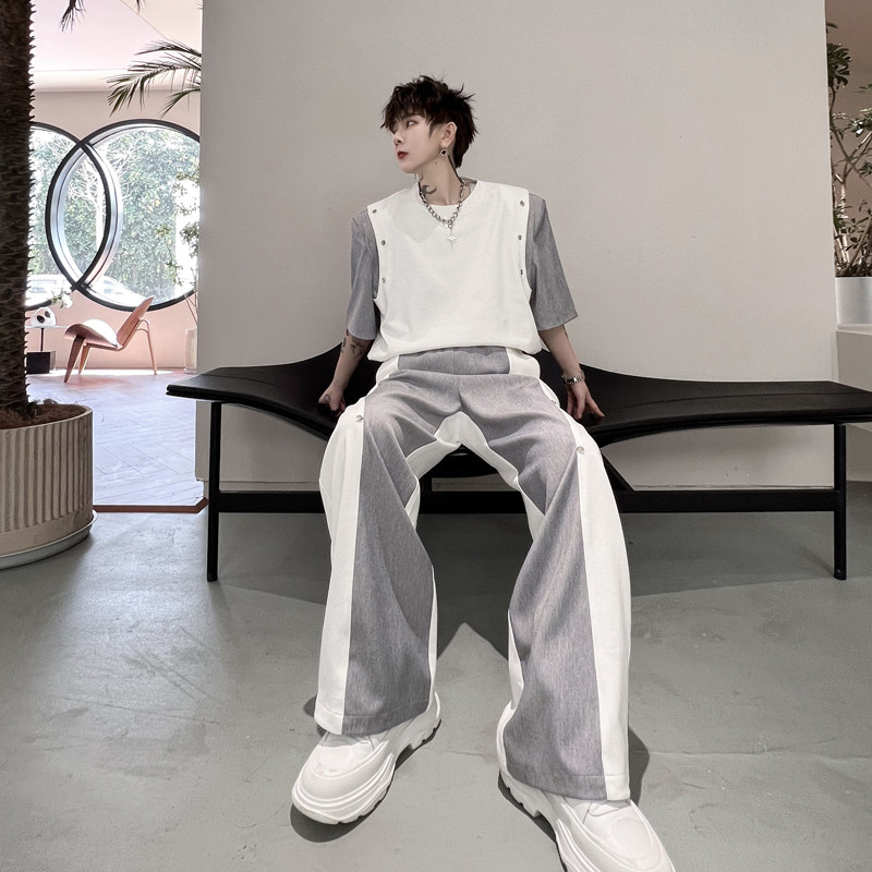 夏季小众拼色铆钉装饰垫肩短袖T恤男套装设计感阔腿长裤两件套潮,淘宝优惠券,粉丝福利购,淘宝优惠卷