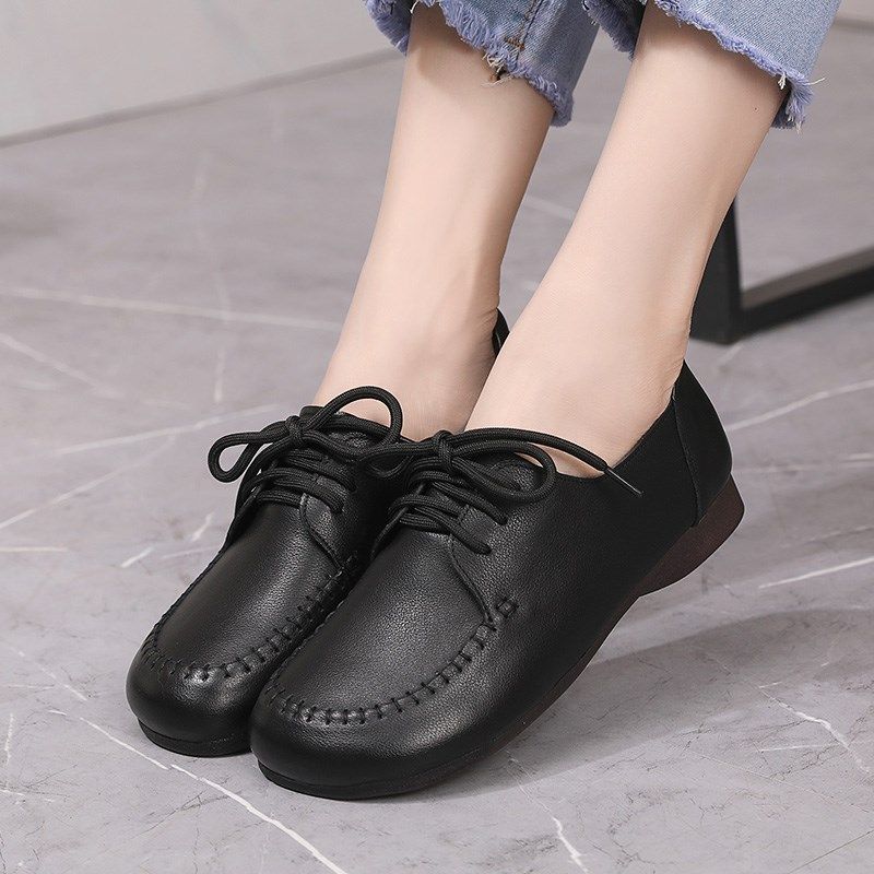 2024春夏新款真皮大码女鞋42平底黑色皮鞋女系鞋带软皮舒适单鞋女,淘宝优惠券,粉丝福利购,淘宝优惠卷