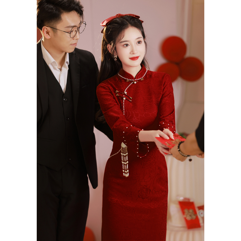 旗袍敬酒服2025新款冬季红色结婚便装改良订婚礼服女回门新娘秋冬 - 图0