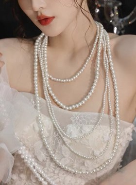小众高级感珍珠项链女时尚复古流苏锁骨链长款叠戴毛衣链旗袍配饰