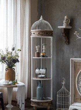 美式复古铁艺实木鸟笼置物架客厅阳E台装饰花架卧室落地多层收纳