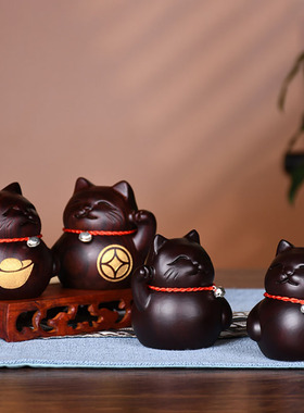 黑檀木雕招财对猫摆件实木雕刻开业送礼品店铺收银台家居发财对猫