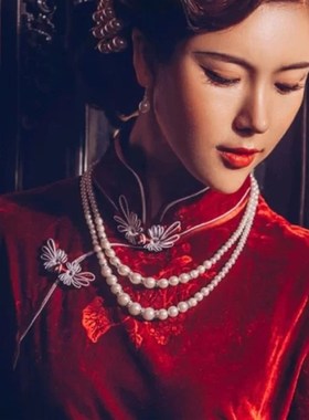 旗袍珍珠项链双层女士多层锁骨链子装饰法式复古颈链毛衣链子063