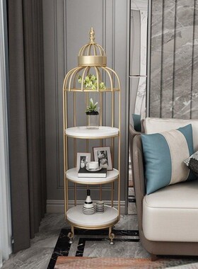 鸟笼置物架欧式铁艺花架室内阳台客厅落地式多层轻V奢装饰摆件架