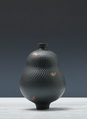 现代黑色陶瓷新中式客厅花瓶花器摆件样板间N博古架书柜装饰品摆