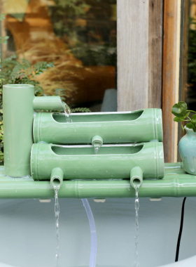 陶瓷鱼缸流水仿竹子循环水竹筒流水器石槽办公室招财