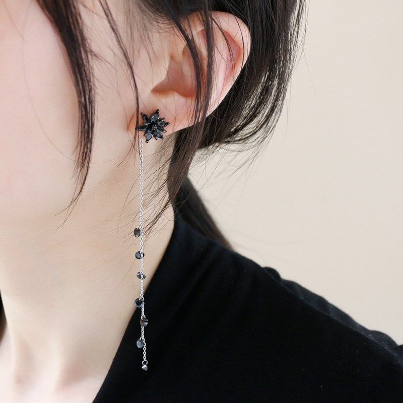 TLZ气质耳线流苏后挂式长款耳钉耳环黑色锆石冷艳立体花韩国耳饰,淘宝优惠券,粉丝福利购,淘宝优惠卷