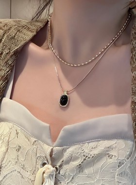 双层气质叠戴金属黑色珠珠项链小众轻奢高级感短款颈链锁骨链配饰