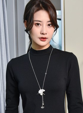 韩国时尚项链银杏叶子毛衣链长款珍珠吊坠秋冬女士衣服挂件配饰品