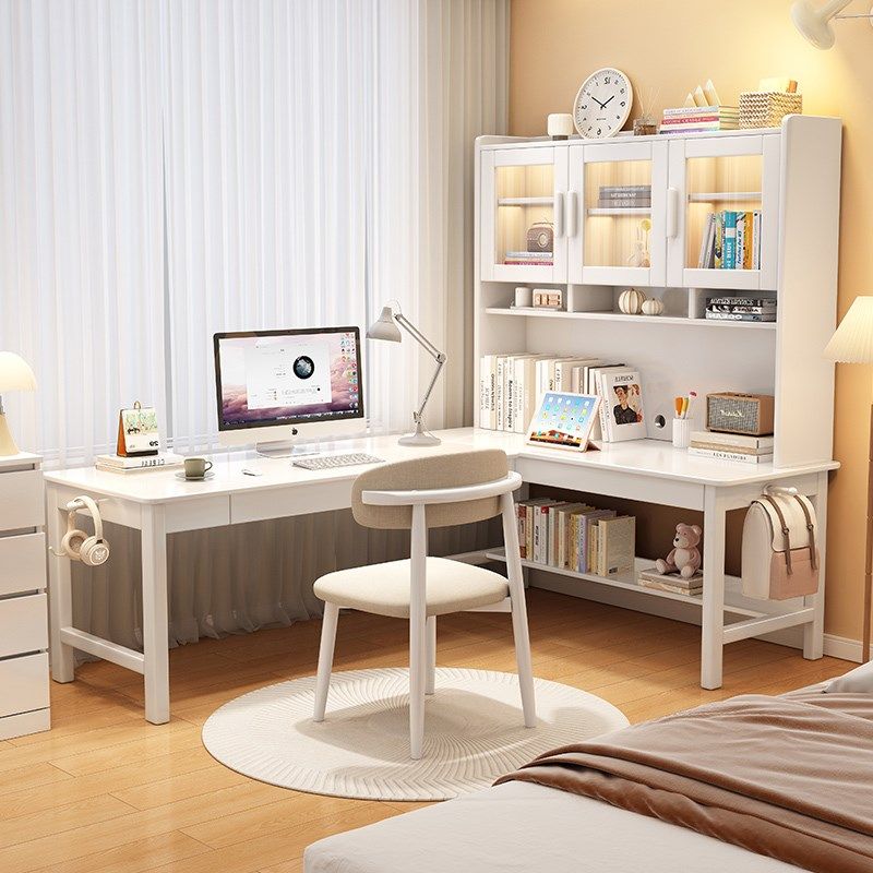 实木转角书桌书架书柜一体组合7字型学生学习桌家用卧室L型电脑桌,淘宝优惠券,粉丝福利购,淘宝优惠卷