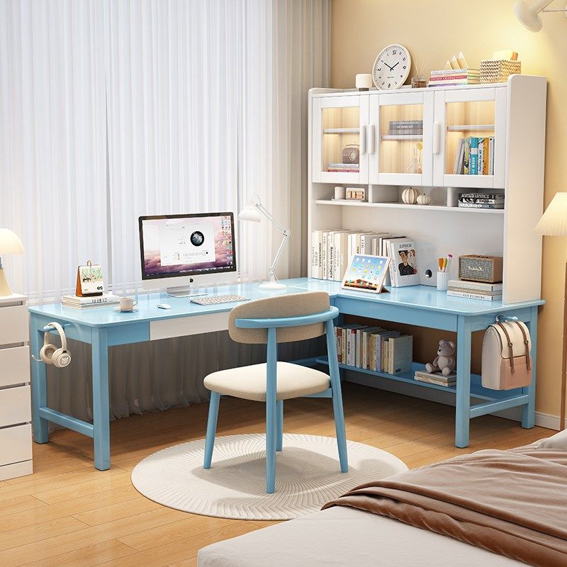 实木转角书桌书架书柜一体组合7字型学生学习桌家用卧室L型电脑桌,淘宝优惠券,粉丝福利购,淘宝优惠卷