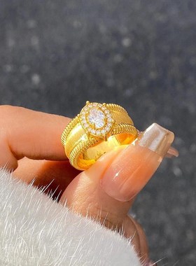 中古鸽子蛋戒指女时尚轻奢真金包银镶嵌莫桑钻粉皓石指环送女友