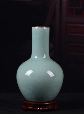 陶瓷花瓶摆件 仿古官窑裂纹绿色古典花瓶 家居装饰摆件