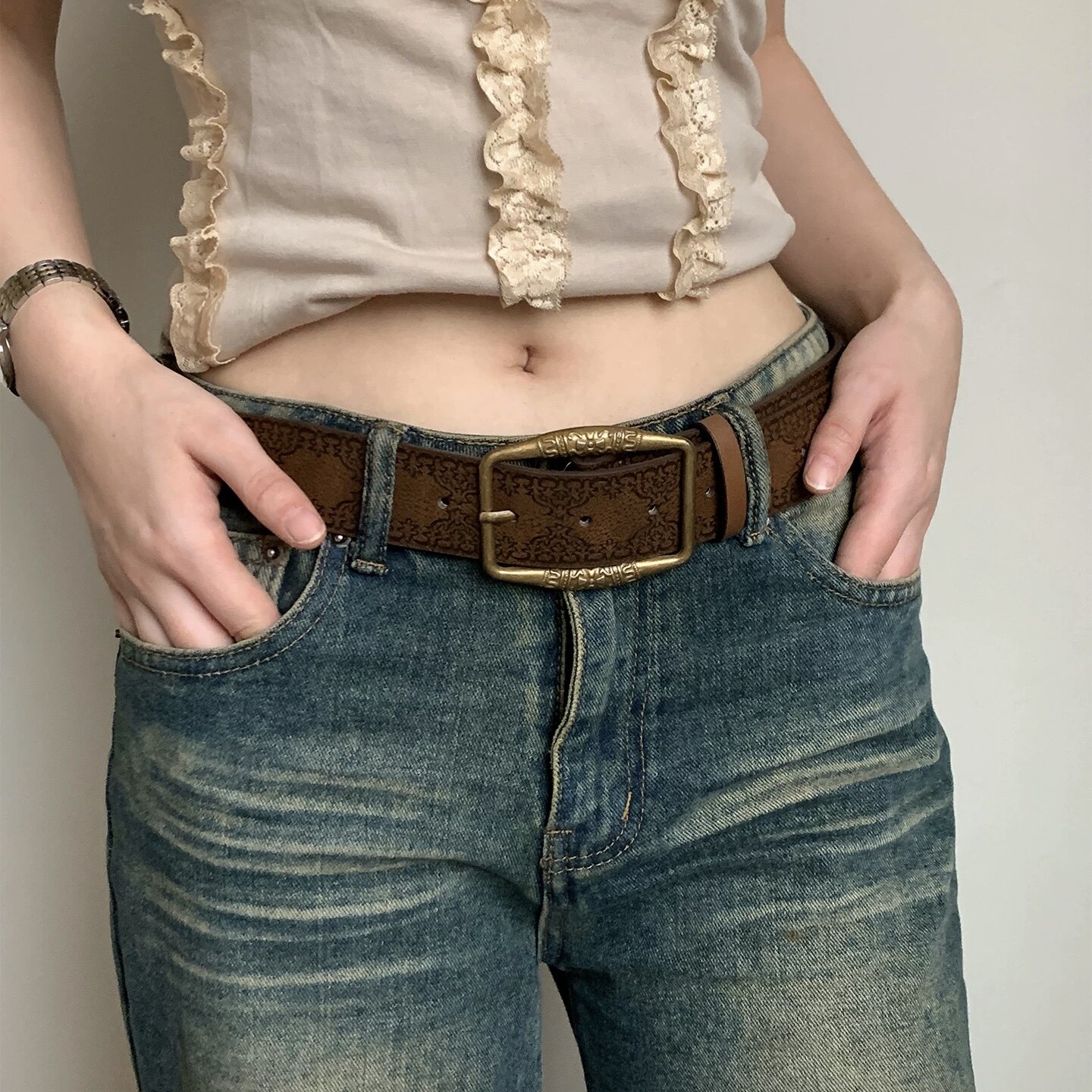 美式皮带男士腰带y2k女2025新款年轻人辣妹配裙子高档潮复古棕色