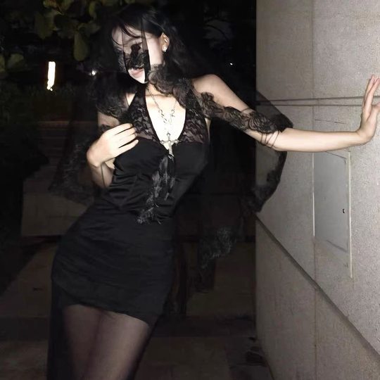 Black lace veil Halloween cos goth Virgin Mary vampire bride dress up props with headdress