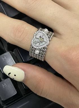 爱心宽版简约珍珠六芒星个性开口可调节食指戒指女高级感设计戒指