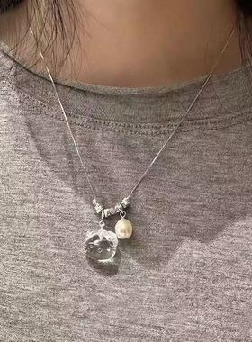 简约ins风透明水晶Kitty猫串珠吊坠项链女小众时尚百搭设计感配饰
