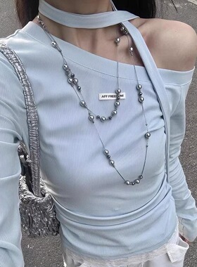 高级感多层灰色珍珠项链女长款多戴法毛衣链轻奢小众锁骨颈链配饰