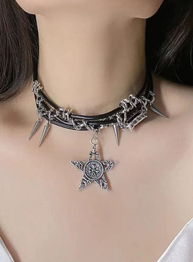 甜酷辣妹设计星星铆钉流苏项链女