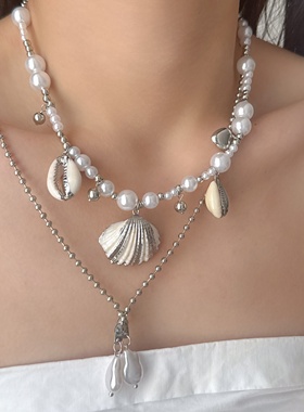 沙滩贝壳海螺珍珠项链女双层叠戴
