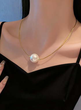 个性夸张大珍珠双层金色鱼线颈链