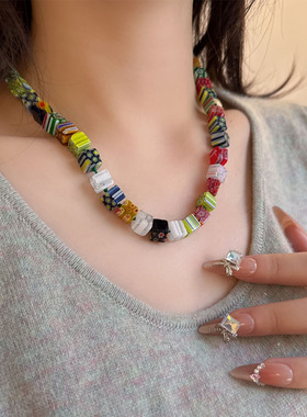 彩色方块琉璃珠串珠项链毛衣链