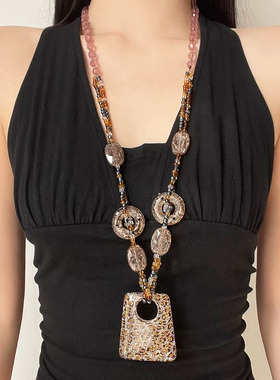 串珠树脂吊坠豹纹长款项饰项链