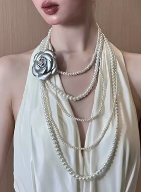 复古多层串珠珍珠花朵项链女时尚款颈链叠戴流苏长款毛衣链配饰