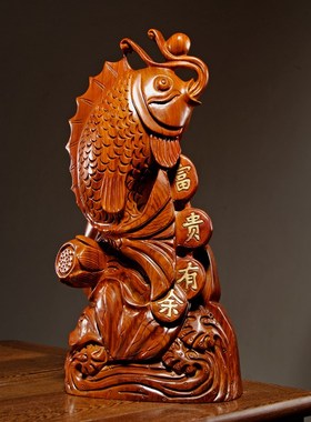 花梨木雕刻富贵有余鱼摆件动物鲤鱼G家居客厅公司店铺装饰工艺品