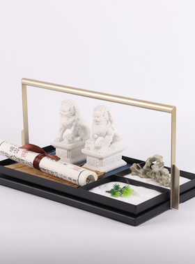 新中式金属托盘狮子组合摆件家居书房样板间茶室茶几软装饰品配饰