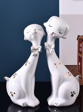 创意田园家居饰品时尚个性摆件实用结婚礼物陶瓷可爱情侣对狗