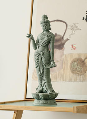 新中式莲台菩萨佛像青砂石工艺品摆件家居玄关电视柜酒柜桌面装饰