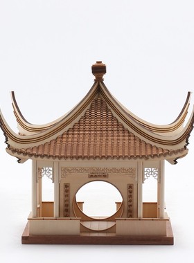 新中式禅意组合摆件创意木质凉亭建筑屋檐样板房间办公桌软装饰品