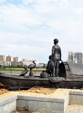 渔民文化风俗小品公园广场户外景观捕鱼画船情景玻璃钢人物雕塑