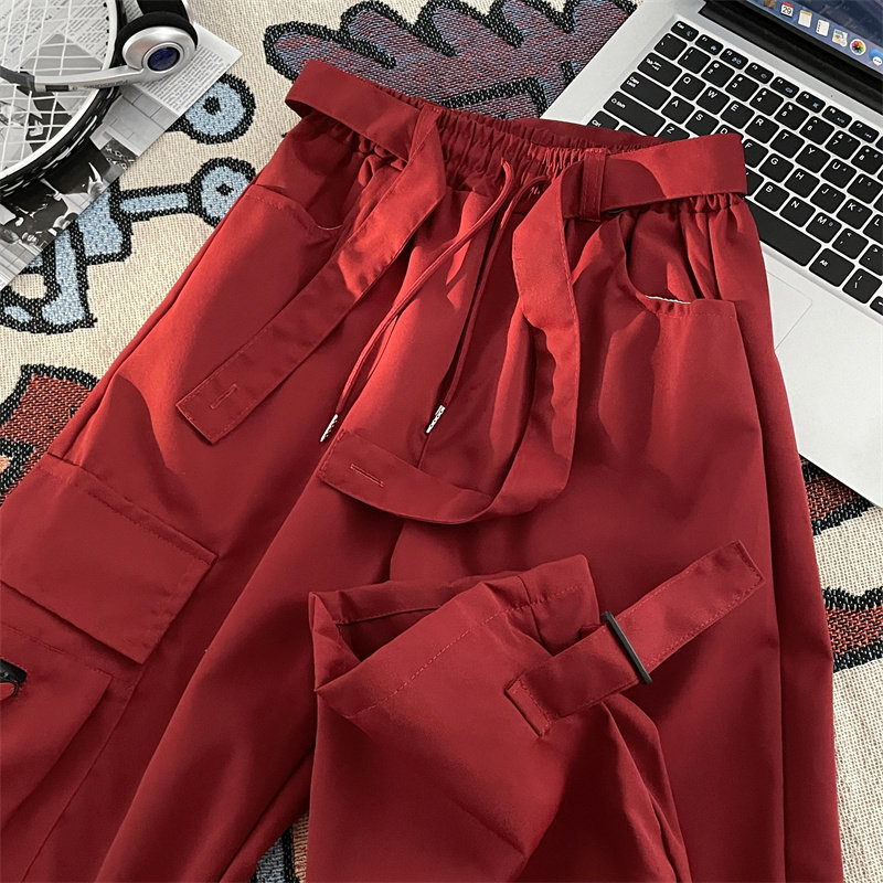 街头美式嘻哈红色工装裤男女松紧腰飘带设计感宽松阔腿休闲裤,淘宝优惠券,粉丝福利购,淘宝优惠卷