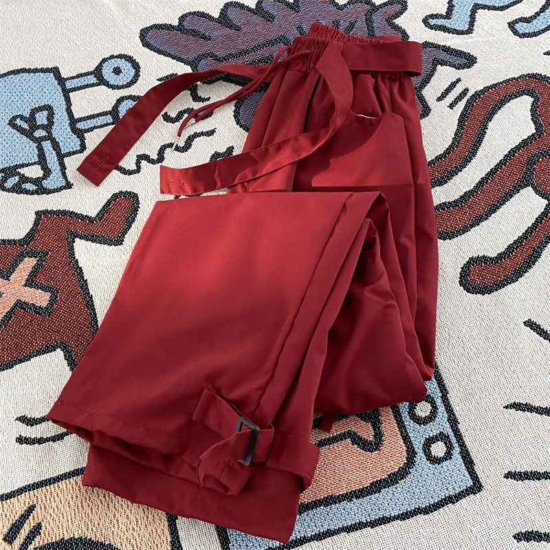 街头美式嘻哈红色工装裤男女松紧腰飘带设计感宽松阔腿休闲裤,淘宝优惠券,粉丝福利购,淘宝优惠卷