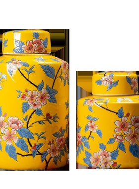 高档新中式古典陶瓷储物罐装饰罐黄色手绘彩绘客厅茶几田园摆件