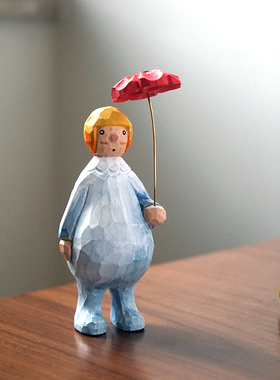 手工木雕可爱蘑菇公仔举气球卡通治愈系办公室桌面装饰品小摆件女