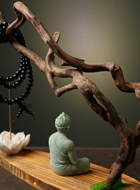 天然实木根雕摆件创意家居客厅装饰工艺品风化木树根禅意悟空底座