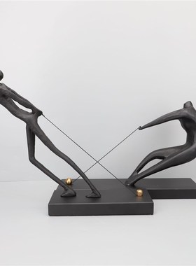 新中式黑色铸铁拉绳人摆件样板房售楼部卧室书房客厅桌面玄关饰品