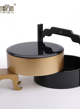 新中式样板房酒店轻奢创意装饰摆件多层实木漆器圆提篮食盒糖果盒