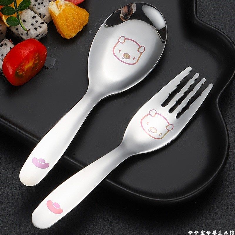316L不锈钢短柄儿童勺子叉子婴儿家用吃饭汤勺宝宝彩雕动物短把叉,淘宝优惠券,粉丝福利购,淘宝优惠卷