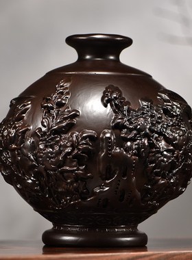 黑檀木雕刻花开富贵花瓶摆件客厅插花装饰家居实木质中式开业礼品