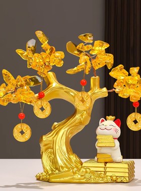 家居入户玄关客厅酒柜装饰发财树招财猫摆件开业乔迁新居高档礼品